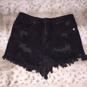 High Waisted Black Distressed Denim Shorts